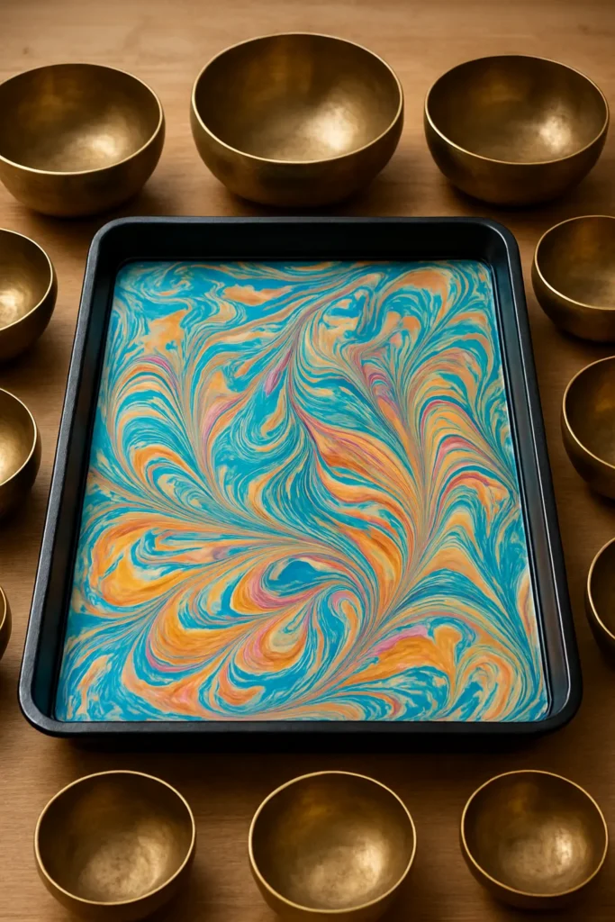 bain de marbrure entouré de bols tibétains