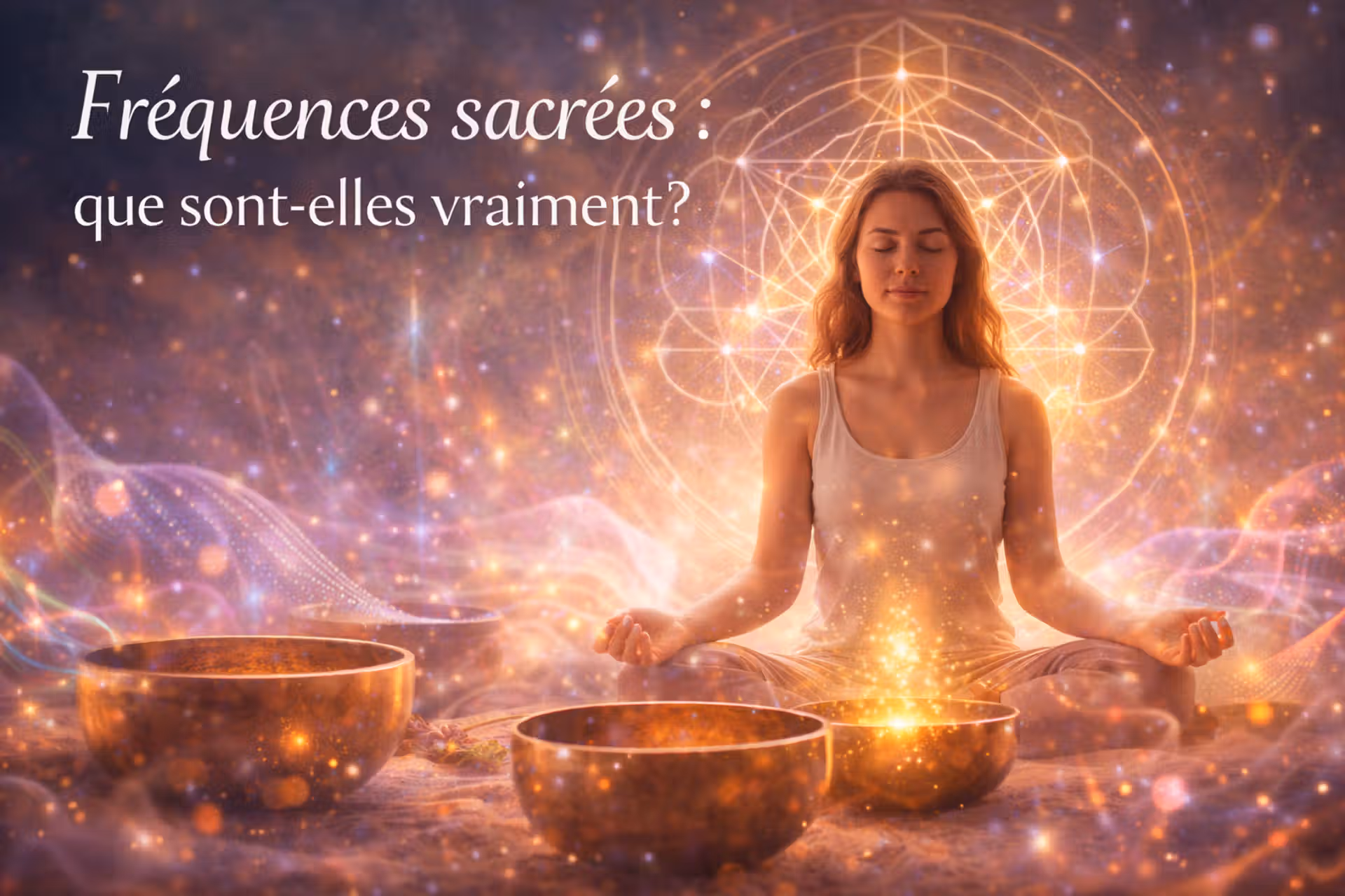 Fille en méditation avec les fréquences des bols