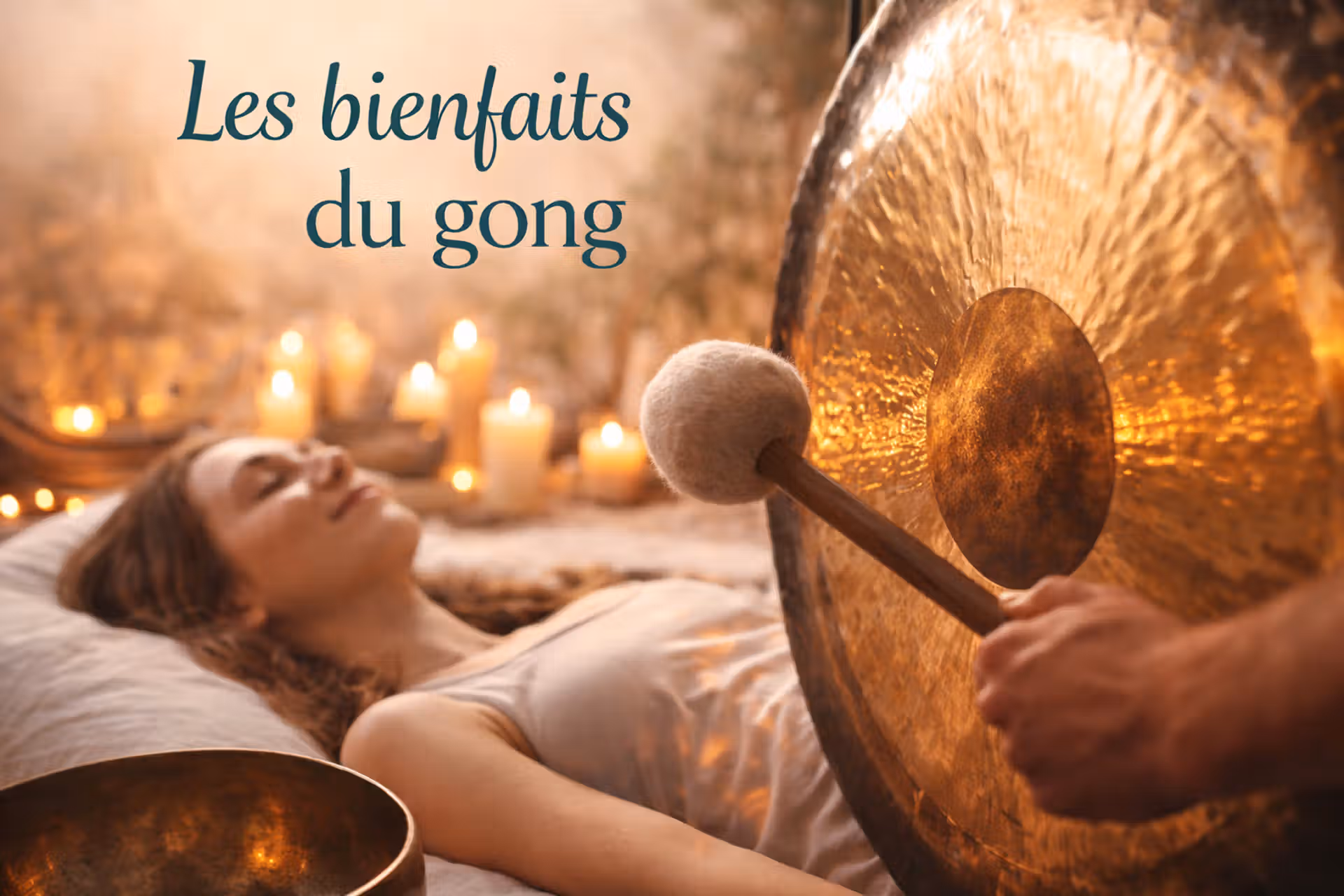 Fille allongée en meditation aux sons des gongs