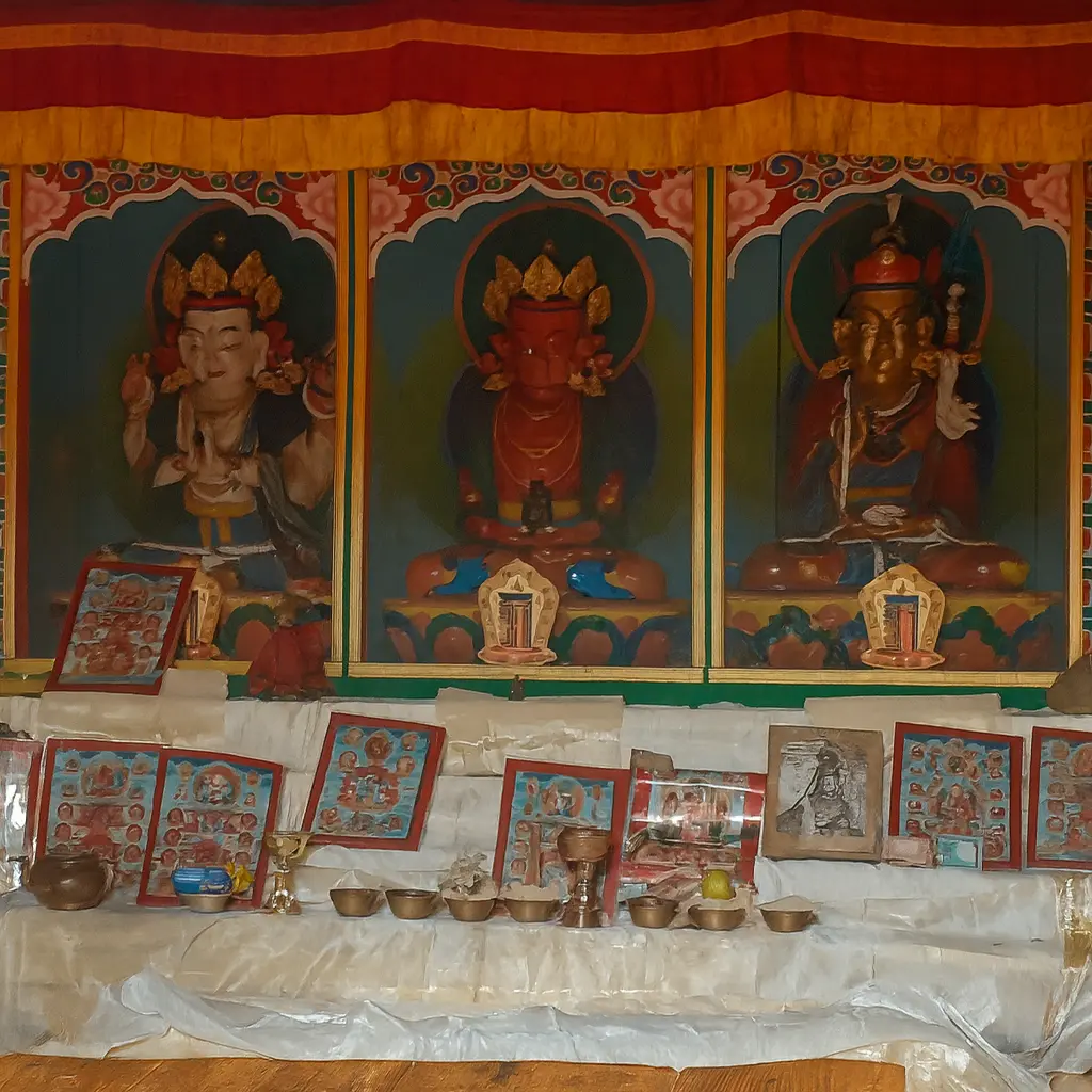 Autel d'offrandes avec trois deitées en arrière plan